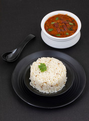 Rajma Chawal or Rajma Jeera Chawal (Rice) is a Traditional North Indian Food, Consisting of Cooked Red Kidney Beans in a Thick Gravy with Spices. Served with Jeera Rice