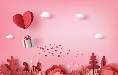 Gift box with heart balloon floating it the sky, Happy Valentine's Day banners, paper art style. - obrazy, fototapety, plakaty