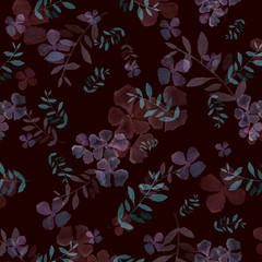 Obraz premium Trendy abstract flowersl seamless pattern. Hand drawn, watercolor. Isolated on black. Turquoise Hydrangea flowers and leaves background. Design for textile, wallpaper, gift paper, holidays. Spring. 