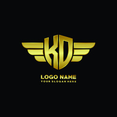 initial letter KO shield logo with wing vector illustration, gold color