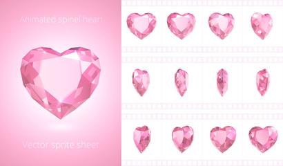 Vector frames of rotating spinel heart. Cute pink crystal Valentine. Symbol of love. Set of 3d realistic icons. 12 frames per second. Looped sequence for GIF, flash, HTML animation. Isolated clipart - obrazy, fototapety, plakaty