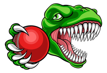 A dinosaur T Rex or raptor cricket player cartoon animal sports mascot holding a ball in its claw