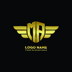 initial letter MA shield logo with wing vector illustration, gold color