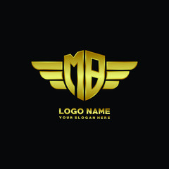 initial letter MB shield logo with wing vector illustration, gold color