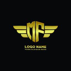 initial letter MF shield logo with wing vector illustration, gold color