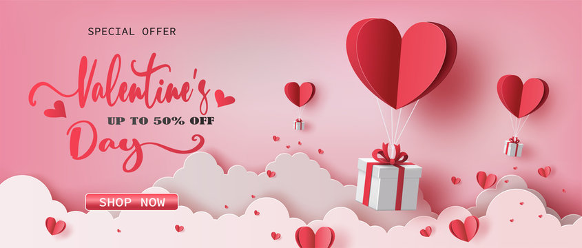 Gift boxes with heart balloon floating it the sky, Happy Valentine's Day banners, paper art style.
