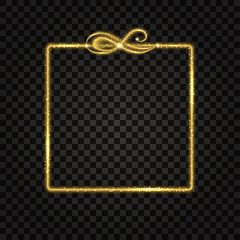 Gold square frame. Golden glow glittering effect, neon shine, light particles and star dust. Design element, border with vintage flourish. Isolated on dark transparent background. Vector illustration