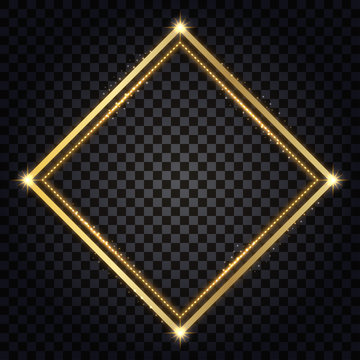 Gold frame with glowing glitter effect. Isolated design element on transparent background with light shine, golden border for photo or poster. Vector illustration