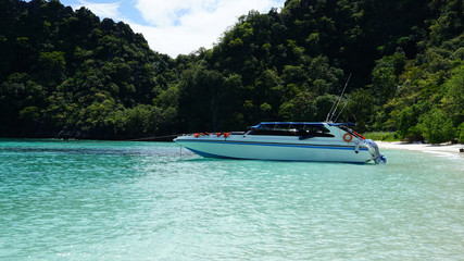 White color speed boat parking on the water with beautiful beach background