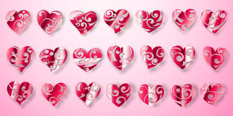 Set of shiny red heart symbols with curls, glares and shadows on pink background