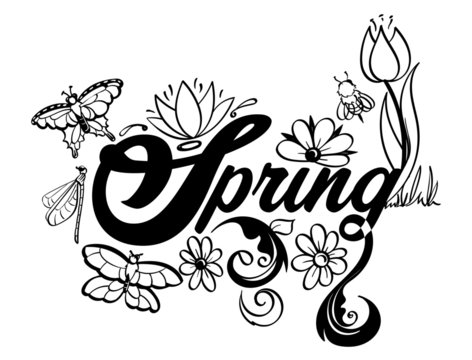 Spring Word Art Black and White