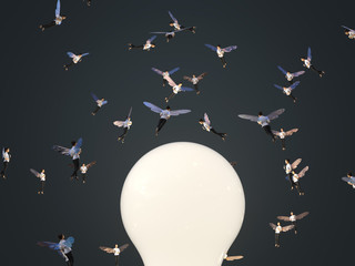 flock of business fairies flying around a lamp bulb