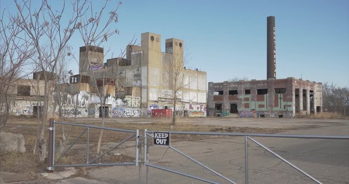 View of an established shot of abandoned manufacture building in Detroit, Michigan. This video was filmed in 4k for best image quality.