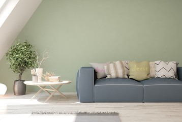 Colorful room with sofa, table and home plant. Scandinavian interior design. 3D illustration