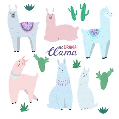 Llama and alpaca set, vector illustration isolated on white background with cactus and succulent plants