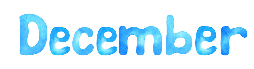 December. Calendar, diary, planner. Isolated single word in classic blue watercolor on the white background.