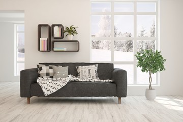 Stylish room in white color with sofa and winter landscape in window. Scandinavian interior design. 3D illustration