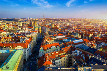 Aerial Prague panoramic drone view of the city of Prague at the Old Town Square, Czechia. Prague Old Town historical center of Prague, buildings and landmarks of old town, Prague, Czech Republic.