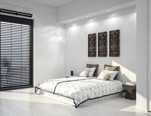 Modern white bedroom interior close up with minimal decor, 3d render