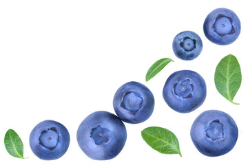 fresh ripe blueberry with leaf isolated on white background with copy space for your text. Top view. Flat lay pattern