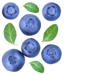 fresh ripe blueberry with leaf isolated on white background with copy space for your text. Top view. Flat lay pattern