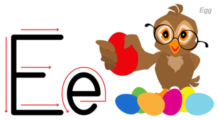 English alphabet language abc. Owl bird holds an egg