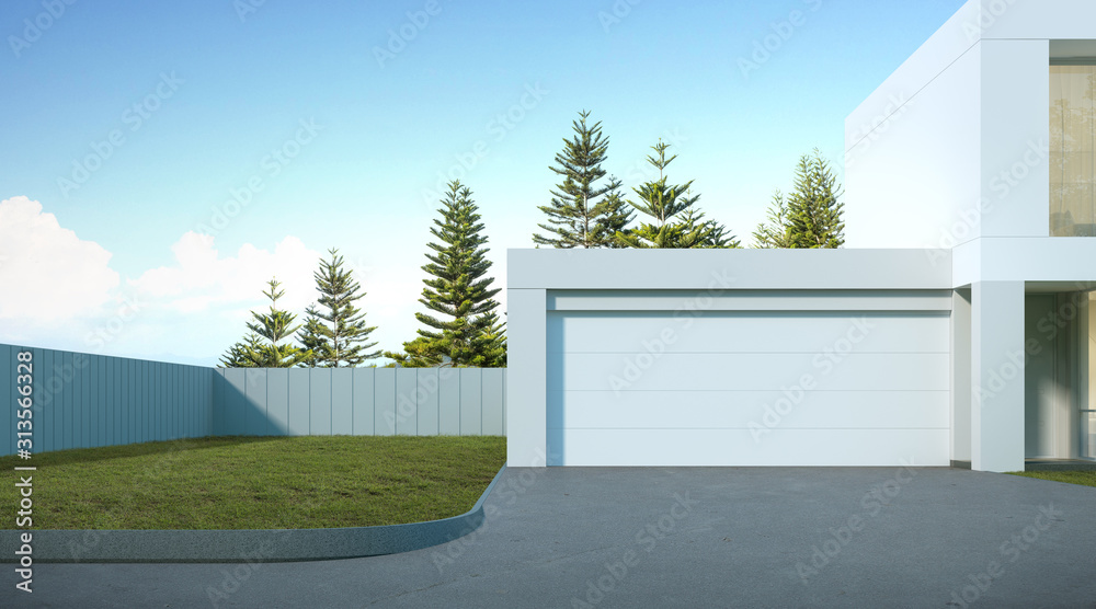 Poster perspective of luxury modern house with lawn grass, garage entrance on pine tree background, idea of