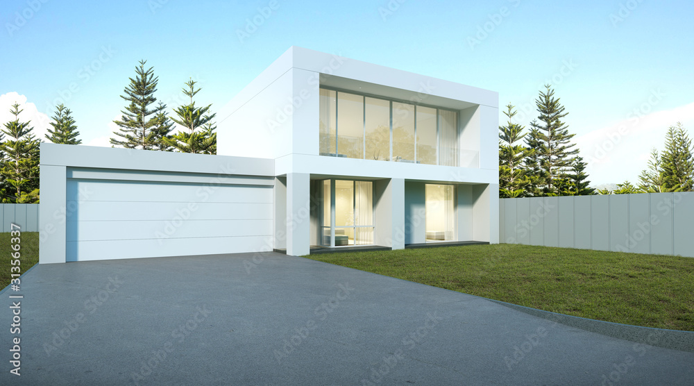 Poster perspective of luxury modern house with lawn grass, garage entrance on pine tree background, idea of