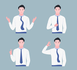 Happy young man shows gestures set.
