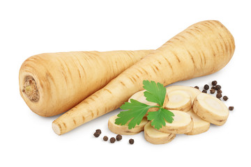 Parsnip root and slices with parsley isolated on white background with clipping path