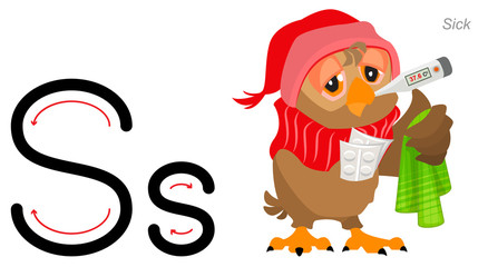 ABC english alphabet letter. Sick owl measures temperature with thermometer