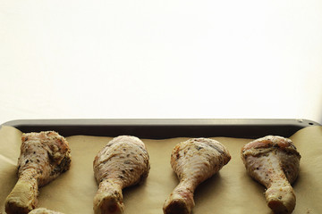 Baked chicken in the oven. Turkey legs on a baking sheet with spices baked in the oven. Snack on Thanksgiving Day.