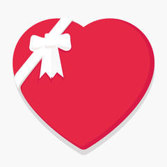 Pink gift box in shape of heart with bow. Holiday present. Love theme. Flat vector for Valentines day postcard.