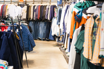 Clothes section interior in market shop and supermarket