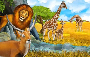 cartoon safari scene with lion and giraffe on the meadow near some mountain illustration for children