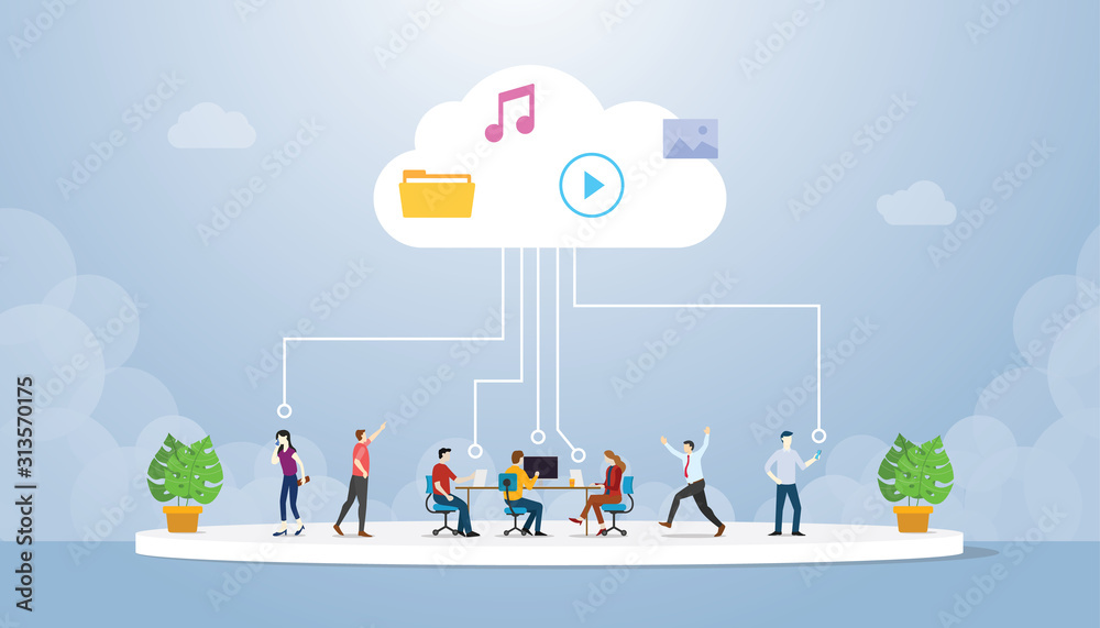 Poster cloud computing technology with various people save data in cloud server with modern flat style - ve