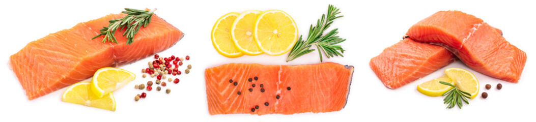 fillet of red fish salmon with lemon and rosemary isolated on white background. Top view. Flat lay. Set or collection