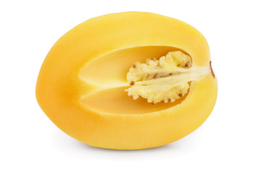 Fresh Pepino fruit half isolated on white background.