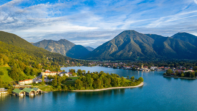 Tegernsee, Germany. Lake Tegernsee in Rottach-Egern (Bavaria), Germany near the Austrian border. Aerial view of the lake "Tegernsee" in the Alps of Bavaria. Bad Wiessee. Tegernsee lake in Bavaria.