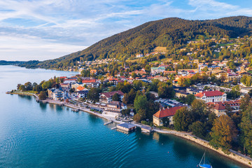 Fototapeta premium Tegernsee, Germany. Lake Tegernsee in Rottach-Egern (Bavaria), Germany near the Austrian border. Aerial view of the lake 