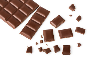 Cracked chocolate bar isolated on white background with clipping path. . Top view. Flat lay.