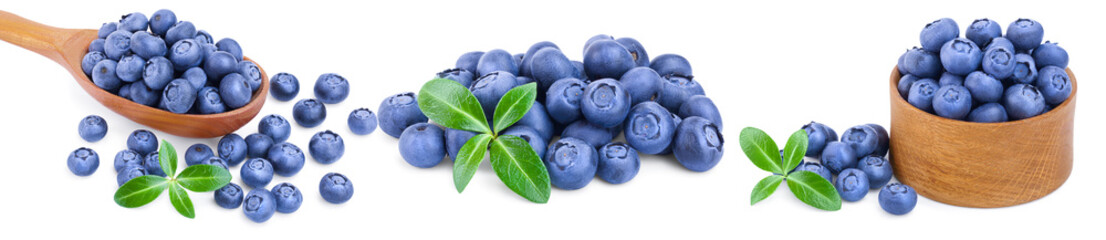 fresh blueberry with leaves isolated on white background closeup. Set or collection