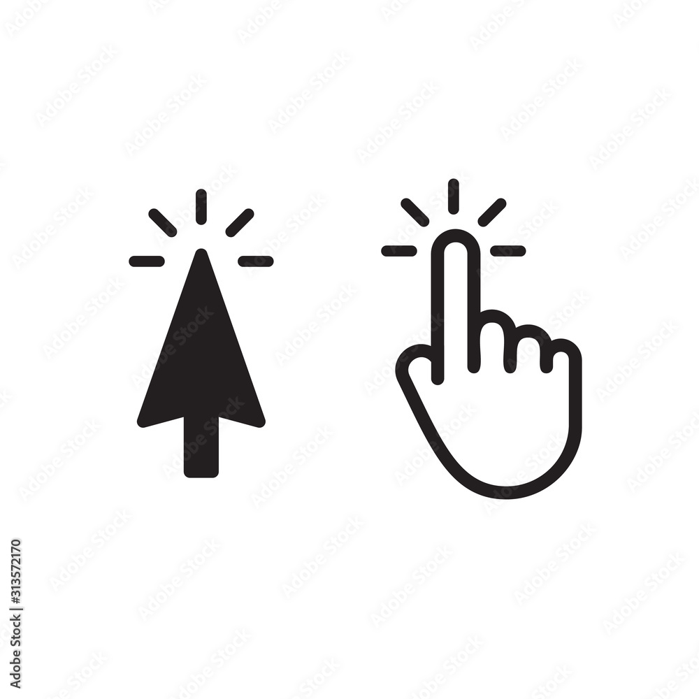Poster Click button, isolated black arrow, isolated white hand. Interface graphic, web vector icons template.