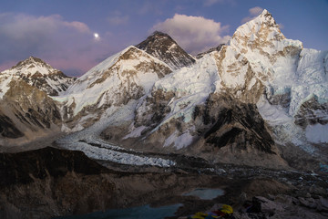 Twilight over the famous Mt Everest and Nuptse from the Kala Patthar at 5500m viewpoint in the Himalayas in Nepal
