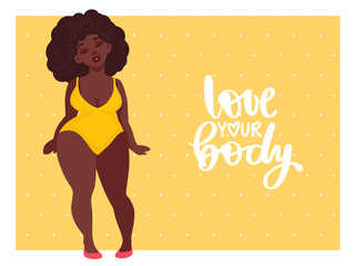 Plus size Woman dressed in swimsuits. Body positive.