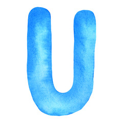 Monogram letter U made of watercolor. Classic blue hand drawn alphabet
