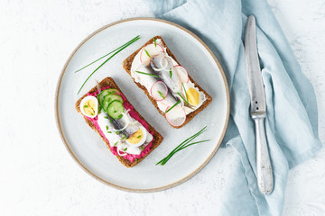 Savory smorrebrod, two traditional Danish sandwiches. Black rye bread with anchovy, beetroot, radish, eggs, cream cheese on grey plate on a white stone table, top view