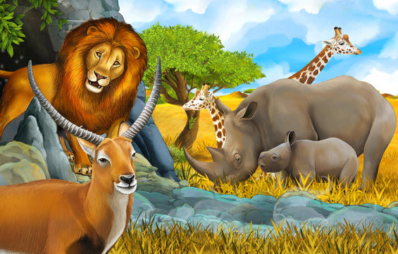 Fototapeta cartoon safari scene with lion rhino and giraffe on the meadow near some mountain illustration for children
