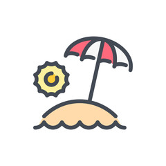 Beach with umbrella and sun color line icon. Travel and tourism vector outline colorful sign.