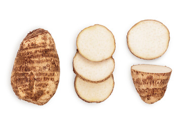 fresh taro root isolated on white background. Top view. Flat lay. Set or collection